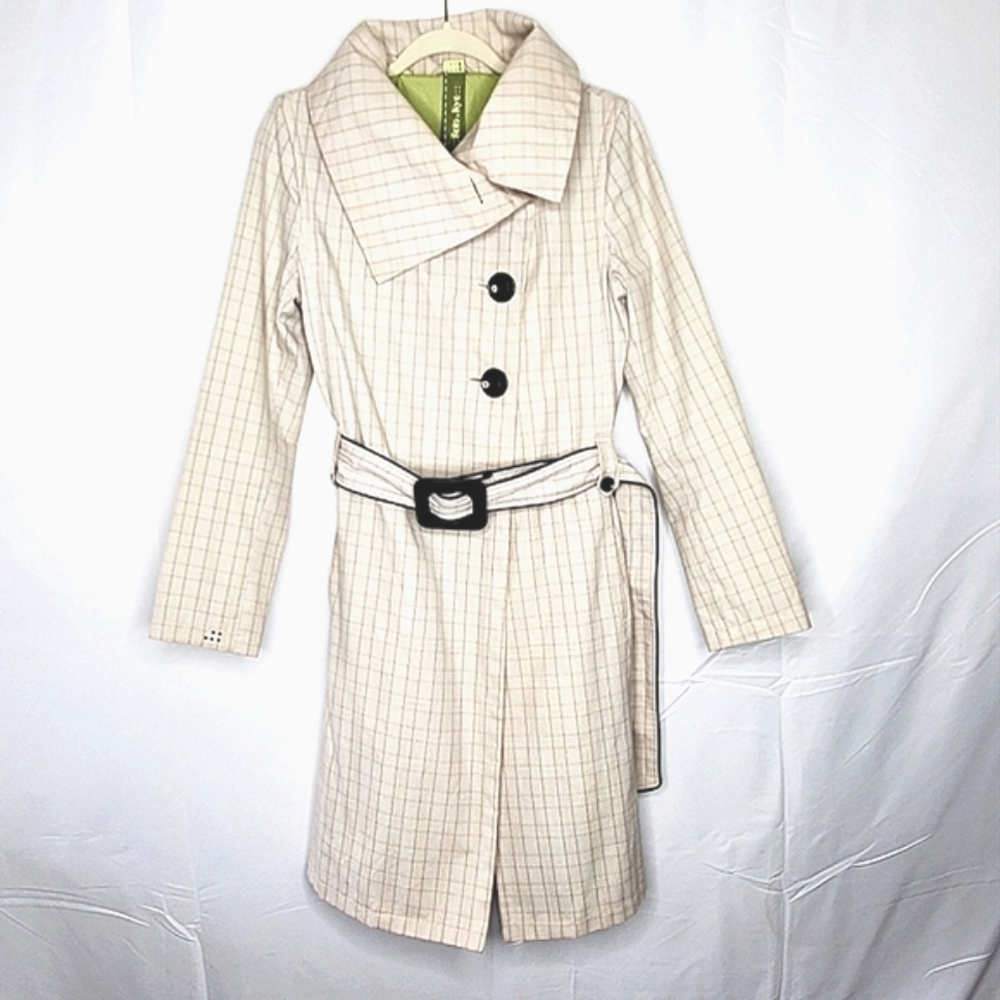 Soia & Kyo Plaid Trench Coat Size M Belted Funnel Neck Lined Retro Mod Rare